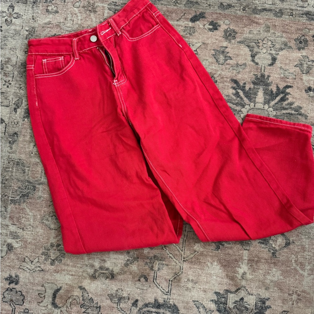 SHEIN Red Flare Wide Leg Jeans with Flame Pattern